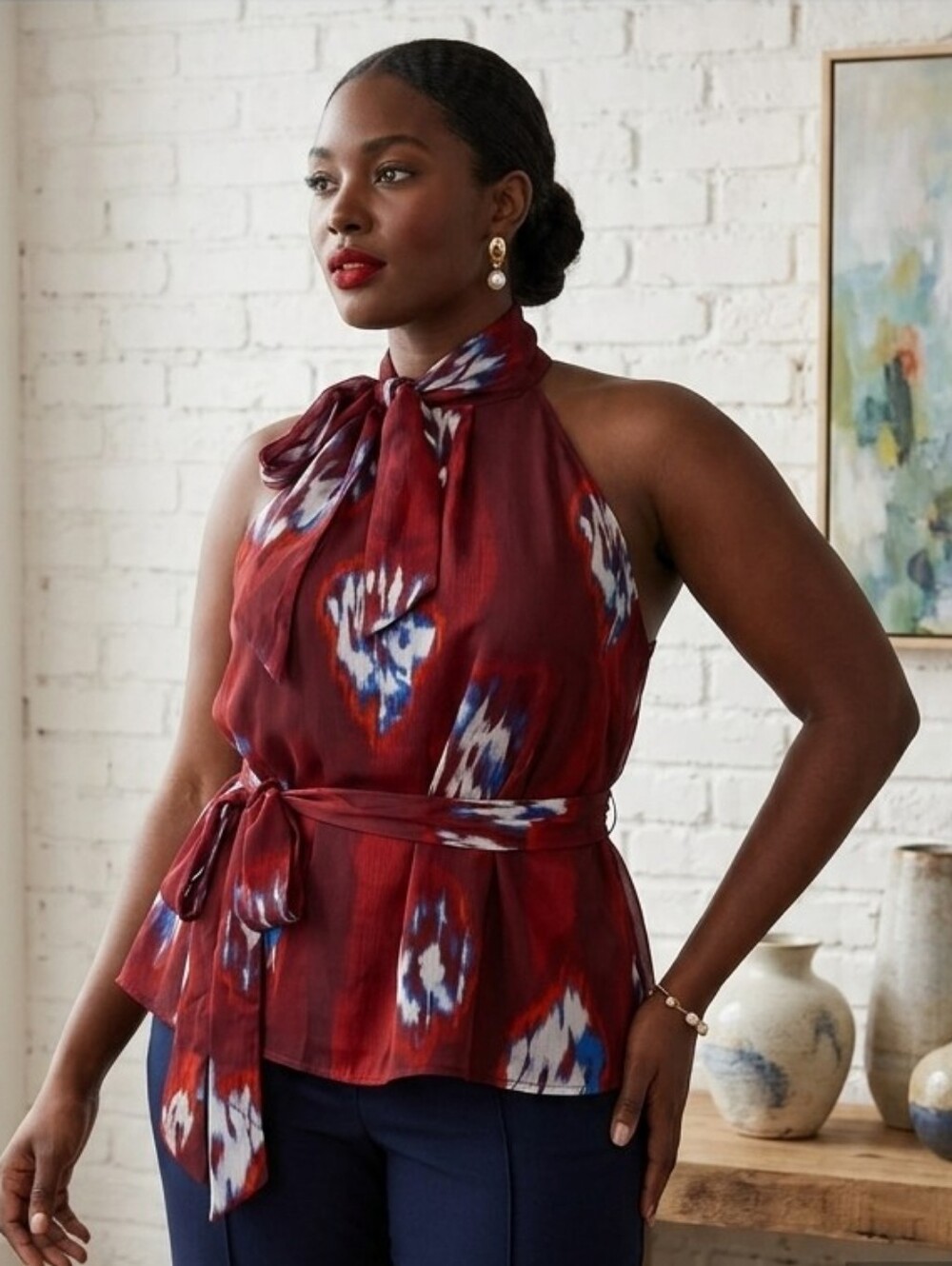 NYC Burgundy Floral Ikat Halter Tie Neck Peplum Blouse XL 16-18 NWT
